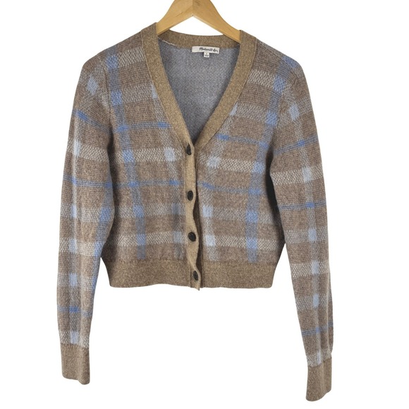Madewell Alpaca Blend V-Neck Cardigan Plaid Warm Camel Brown Blue NT594 L - Picture 2 of 16